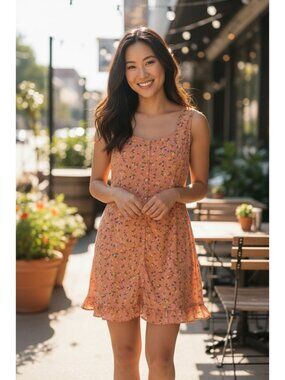 BP Sleeveless Floral Peach Mini Dress Romper With Ruffle Hem & Back Tie Size MED